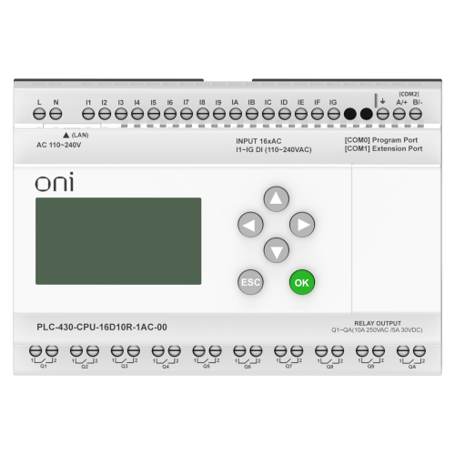 ПЛК 430 Модуль ЦПУ 16 DI 10 RO 220В AC с Ethernet портом с экраном ONI ПЛК 430 Модуль ЦПУ 16 DI 10 RO 220В AC с Ethernet портом с экраном ONI