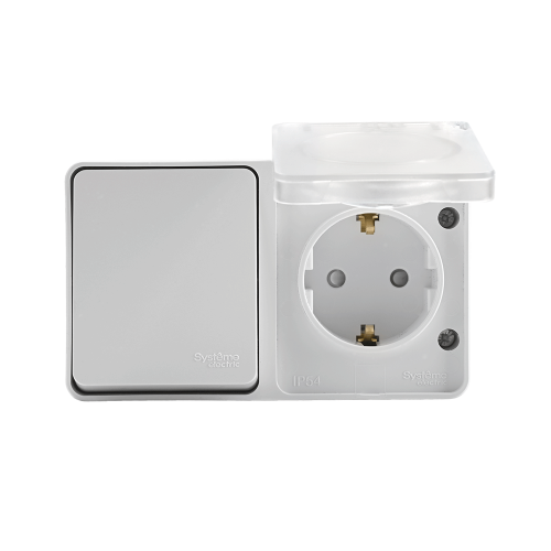 ATLASDESIGN PROFI IP54 О/У БЛОК: РОЗЕТКА с заземл. со шт., 16А, ВЫКЛЮЧАТЕЛЬ 1-клав., 10АХ, БЕЛЫЙ