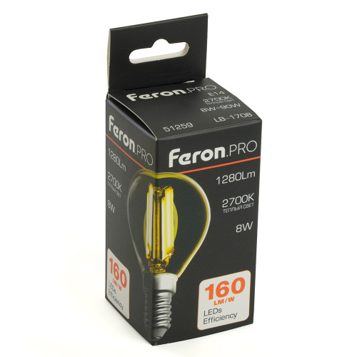 Лампа светодиодная Feron.PRO LB-1708 Шарик E14 1280LM 8W 175-265V 2700K Лампа светодиодная Feron.PRO LB-1708 Шарик E14 1280LM 8W 175-265V 2700K