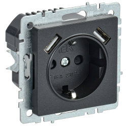 BRITE Розетка 1-местная с заземлением с защитными шторками 16А с USB A+A 5В 2,1А РЮш10-1-БрЧ черный IEK