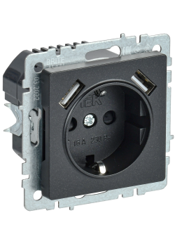 BRITE Розетка 1-местная с заземлением с защитными шторками 16А с USB A+A 5В 3,1А РЮш10-2-БрЧ черный IEK