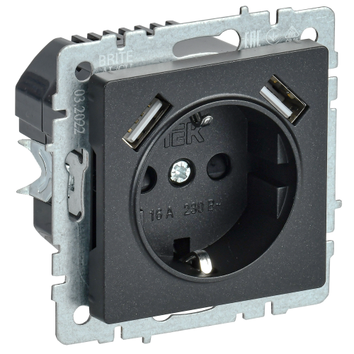 BRITE Розетка 1-местная с заземлением с защитными шторками 16А с USB A+A 5В 2,1А РЮш10-1-БрЧ черный IEK