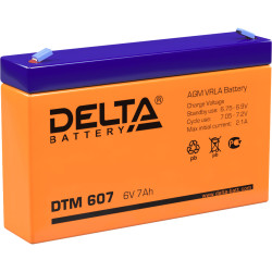 Батарея DELTA серия DTM, DTM 607, напряжение 6В, емкость 7Ач (разряд 20 часов),  макс. ток разряда (5 сек.) 105А, макс. ток заряда 2.04А, свинцово-кислотная типа AGM, клеммы F1, ДxШxВ 151х34х94мм., вес 1.2кг., срок службы 6 лет./ Battery DELTA series DTM,