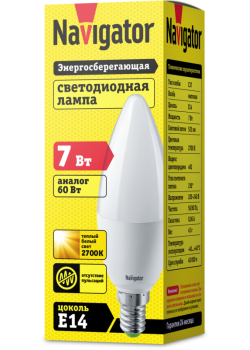 Лампа светодиодная 94 491 NLL-C37-7-230-2.7K-E14-FR 7Вт свеча 2700К тепл. бел. E14 525лм 176-264В Navigator 94491