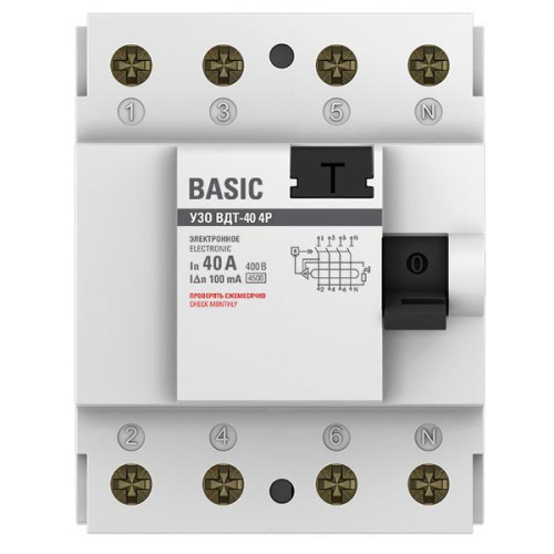 ВДТ ВДТ-40 4P 40А 100мА тип АС эл. 4,5кА BASIC ВДТ ВДТ-40 4P 40А 100мА тип АС эл. 4,5кА BASIC