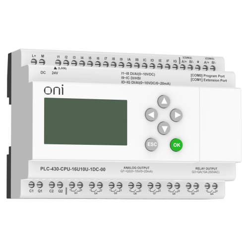 ПЛК 430 Модуль ЦПУ 4 DI 12 UI (0-10 В/DI) 8 RO 2 AO (1 шт 0-10 В и 1 шт 0-20 мА) 24В DC с Ethernet портом с экраном ONI