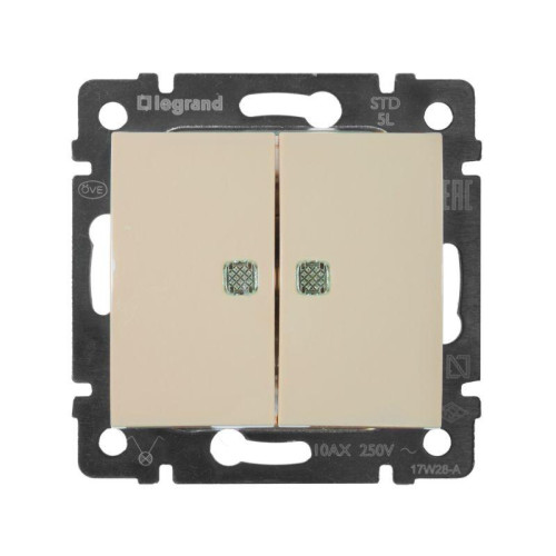 Выключатель 2-кл. СП Valena 10А IP31 250В с зел. подсветкой механизм сл. кость Leg 774328 Выключатель 2-кл. СП Valena 10А IP31 250В с зел. подсветкой механизм сл. кость Leg 774328