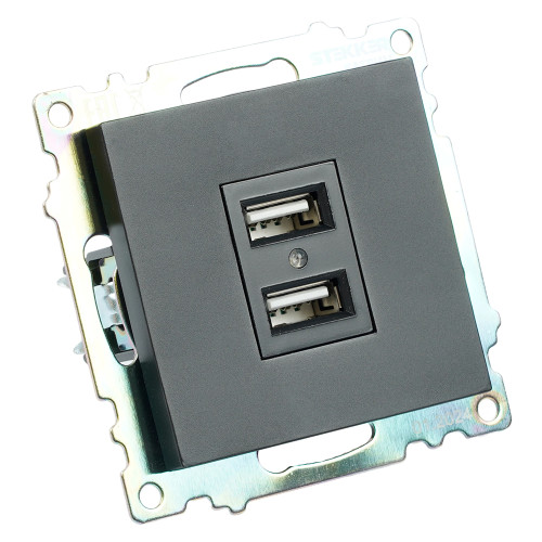 Розетка USB 2-местная (механизм), STEKKER GLS10-7115-05, 250B, 2,1А, серия Катрин, черный Розетка USB 2-местная (механизм), STEKKER GLS10-7115-05, 250B, 2,1А, серия Катрин, черный