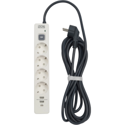 Сетевой фильтр-удлинитель/ PowerCom SP-01 USB2A1CW 3.0M, 4 розетки, белый, 16А, 4кВт, 380Дж, защитные шторки, защита от КЗ, перегрузки, ВЧ и импульсных помех, один порт USB-C(PD20W) и два USB-A(QC3.0) суммарной мощностью 24Вт, кабель 3x1.5 мм2, ШхГхВ 281х