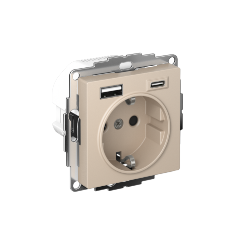 ATLASDESIGN РОЗЕТКА 16А с 2 USB A+C, 5В/2,4А/3,0А, 2х5В/1,5А, механизм, ПЕСОЧНЫЙ
