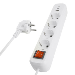 Удлинитель 4-местный с/з с выключ. STEKKER HM071-41-03 3x1мм2, 3м, 250В, 16А, 1USB+2C, 2.4A, сер Home, белый
