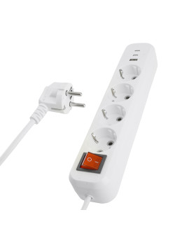 Удлинитель 4-местный с/з с выключ. STEKKER HM071-41-03 3x1мм2, 3м, 250В, 16А, 1USB+2C, 2.4A, сер Home, белый