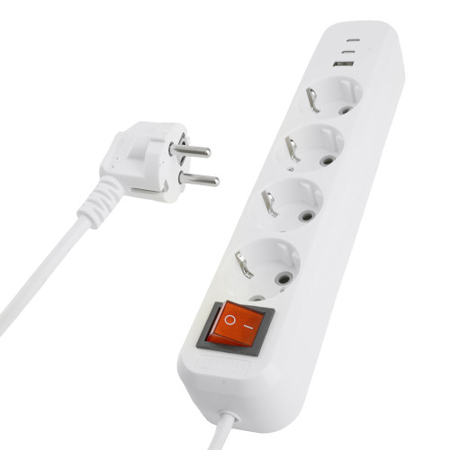 Удлинитель 4-местный с/з с выключ. STEKKER HM071-41-03 3x1мм2, 3м, 250В, 16А, 1USB+2C, 2.4A, сер Home, белый