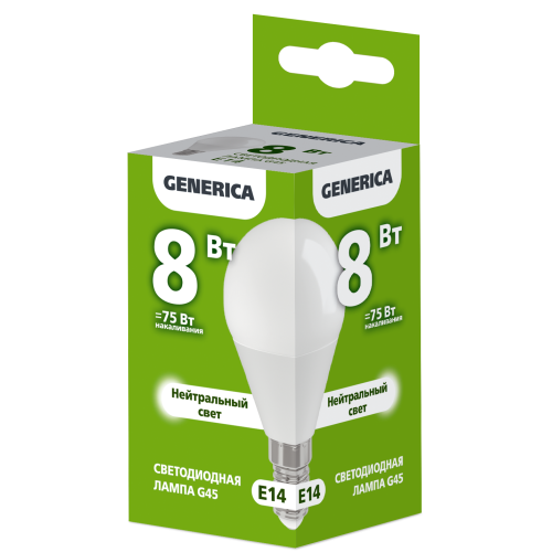 Лампа светодиодная G45 шар 8Вт 230В 4000К E14 GENERICA