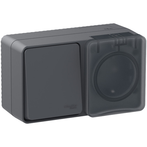 ATLASDESIGN PROFI IP54 О/У БЛОК: РОЗЕТКА с заземл. со шт., 16А, ВЫКЛЮЧАТЕЛЬ 1-клав., 10АХ, АНТРАЦИТ
