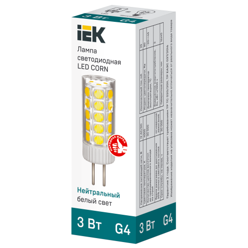 Лампа светодиодная CORN капсула 3Вт 12В 4000К керамика G4 IEK Лампа светодиодная CORN капсула 3Вт 12В 4000К керамика G4 IEK