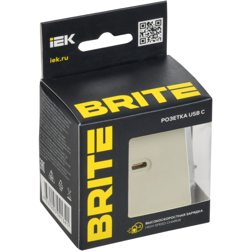 BRITE Розетка USB C 65Вт высокоскоростная зарядка РЮ12-1-БрКр бежевый IEK BRITE Розетка USB C 65Вт высокоскоростная зарядка РЮ12-1-БрКр бежевый IEK