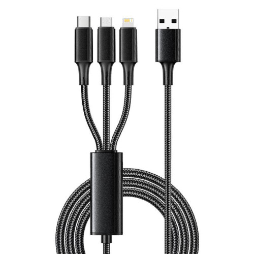 Кабель USB 3в1 Type-С (6А) Lightning (2.4А) micro USB (3А) 1.2м черн. оплетка световая индикация Rexant 18-7075 Кабель USB 3в1 Type-С (6А) Lightning (2.4А) micro USB (3А) 1.2м черн. оплетка световая индикация Rexant 18-7075