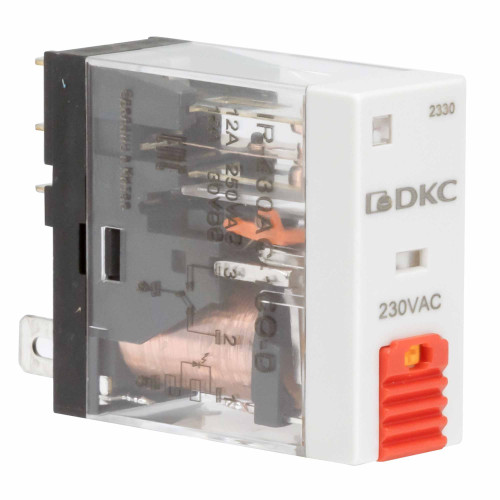 Реле миниатюрное промышленное, 1CO, ком. ток 12А, AgSnO2, напряжение 230V AC, опция: тест-кнопка+светодиод