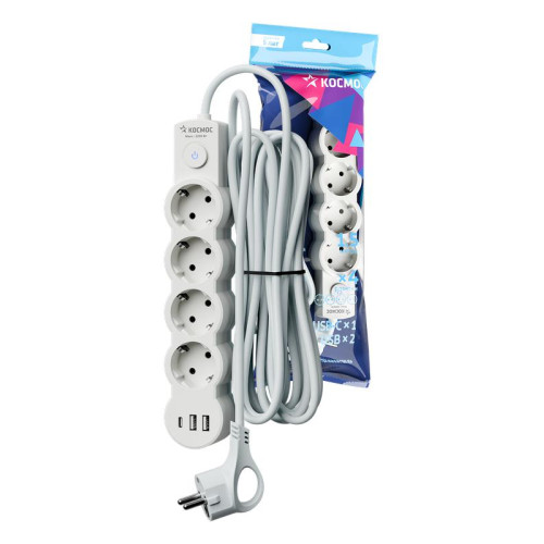 Удлинитель 3х1.5м с заземл. 10А IP20 USB 2500Вт 220В ПВС 3х1 с выкл. бел. КОСМОС YKsm1.5m4g-Z-VU10А-W Удлинитель 3х1.5м с заземл. 10А IP20 USB 2500Вт 220В ПВС 3х1 с выкл. бел. КОСМОС YKsm1.5m4g-Z-VU10А-W
