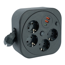 HM16-4-03-USB  Удлинитель 4-местный с/з, 3x1,5мм2, 3м, 230В, 16А, 2USB+1С, 2,4А, черный