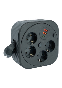 HM16-4-03-USB  Удлинитель 4-местный с/з, 3x1,5мм2, 3м, 230В, 16А, 2USB+1С, 2,4А, черный