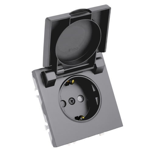 Розетка 1-местная с крышкой с защ. штор, STEKKER, с/з, IP42, 250В, 16А, серия Эмили, RST16-5112-10, платиново-серый, soft touch Розетка 1-местная с крышкой с защ. штор, STEKKER, с/з, IP42, 250В, 16А, серия Эмили, RST16-5112-10, платиново-серый, soft touch