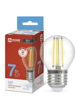 Лампа светодиодная LED-ШАР-deco 7Вт шар прозрачная 6500К холод. бел. E27 810лм 230В IN HOME 4690612036427