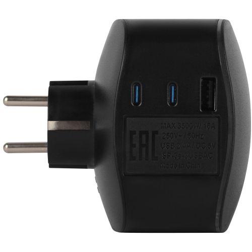 Разветвитель 3-м SP-3e-3USBAC-B + 3 USB A+C с заземл. со шторками 16А чер. Эра Б0069082
