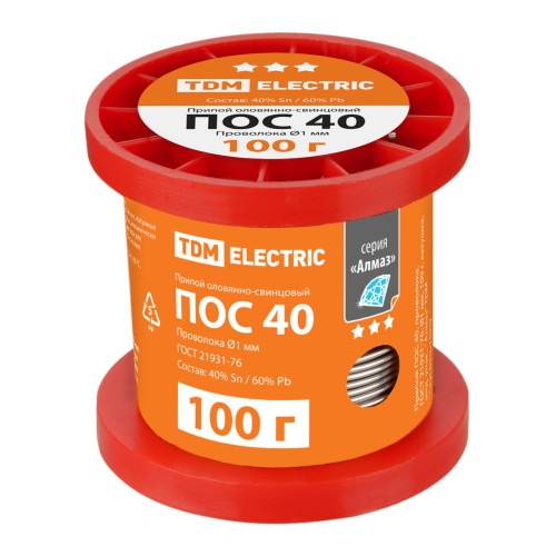Припой ПОС 40, проволока, ГОСТ 21931-76, Ø1 мм, 100 г, катушка, инд. упак., Припой ПОС 40, проволока, ГОСТ 21931-76, Ø1 мм, 100 г, катушка, инд. упак.,
