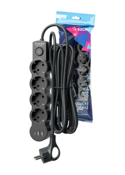 Удлинитель 3х3м с заземл. 10А IP20 USB 2500Вт 220В ПВС 3х1 с выкл. черн. КОСМОС YKsm3m4g-Z-VU10А-B