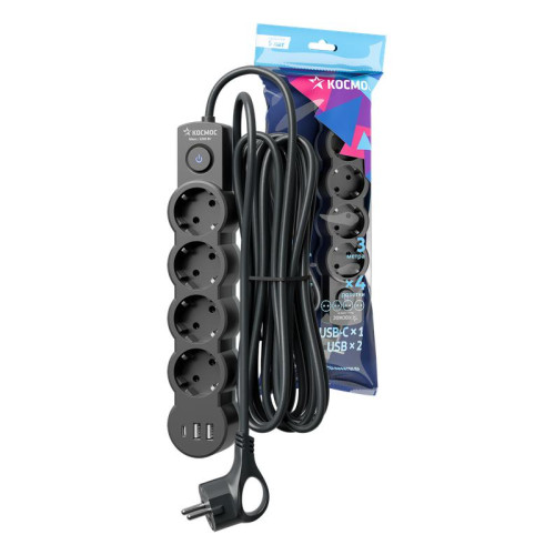 Удлинитель 3х3м с заземл. 10А IP20 USB 2500Вт 220В ПВС 3х1 с выкл. черн. КОСМОС YKsm3m4g-Z-VU10А-B