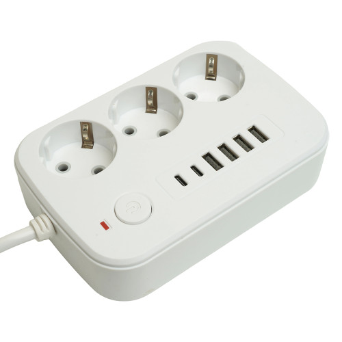 Удлинитель 3-местный c/з 3x1 мм2, 1,8 м, 250В, 10А, 4USB+2Type-C 2,4А, серия Home plus, белый STEKKER HM09-36-02