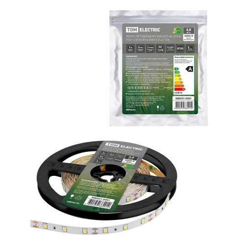 Лента светодиодная SMD2835-60 LED/м-IP20-12 В-4,8 Вт/м-6000 К (5 м) TDM