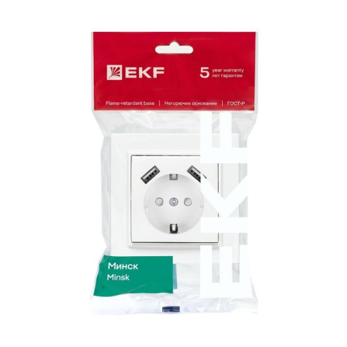 Минск Розетка 1-мест. СП с/з 16А бел. с защ. штор. с 2 USB 2,1А EKF