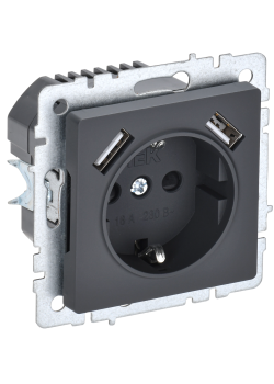 BRITE Розетка 1-местная с заземлением с защитными шторками 16А с USB A+A 5В 2,1А РЮш10-1-БрГ графит IEK