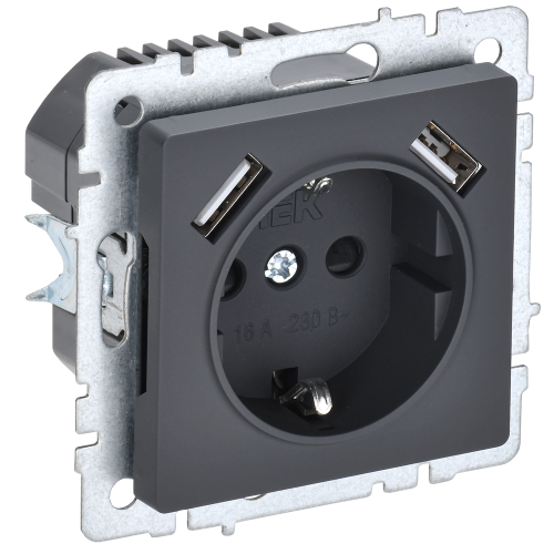 BRITE Розетка 1-местная с заземлением с защитными шторками 16А с USB A+A 5В 3,1А РЮш10-2-БрГ графит IEK