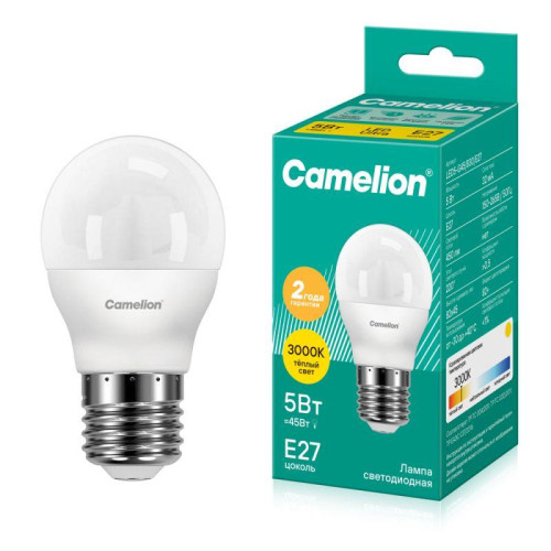 Лампа светодиодная LED5-G45/830/E27 5Вт шар 3000К тепл. бел. E27 390лм 220-240В Camelion 12028