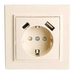 Розетка 1-местная с/з STEKKER, PST16-9016-02, 250В, 16А с USB+ type C, серия Эрна, слоновая кость