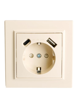 Розетка 1-местная с/з STEKKER, PST16-9016-02, 250В, 16А с USB+ type C, серия Эрна, слоновая кость