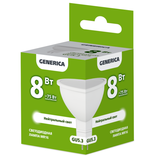 Лампа светодиодная MR16 софит 8Вт 230В 4000К GU5.3 GENERICA Лампа светодиодная MR16 софит 8Вт 230В 4000К GU5.3 GENERICA