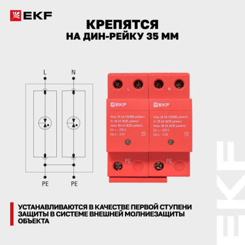 УЗИП Класс 1 Iimp 25kA (10/350μs) 2P EKF