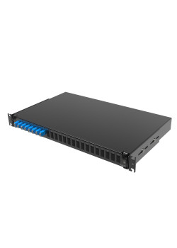 Оптическая полка выдвижная 1U с адатерами 8 х двухволоконный (Duplex) LC OS2 в комплекте с лицевой панелью, пигтейлами, сплайс-кассет(ой/ами) и гильзами КДЗС