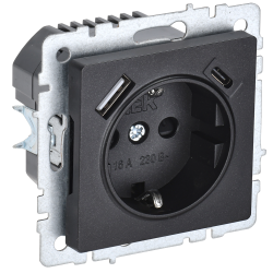 BRITE Розетка 1-местная с заземлением с защитными шторками 16А с USB A+C 18Вт РЮш11-1-БрЧ черный IEK