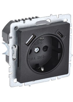 BRITE Розетка 1-местная с заземлением с защитными шторками 16А с USB A+C 18Вт РЮш11-1-БрЧ черный IEK