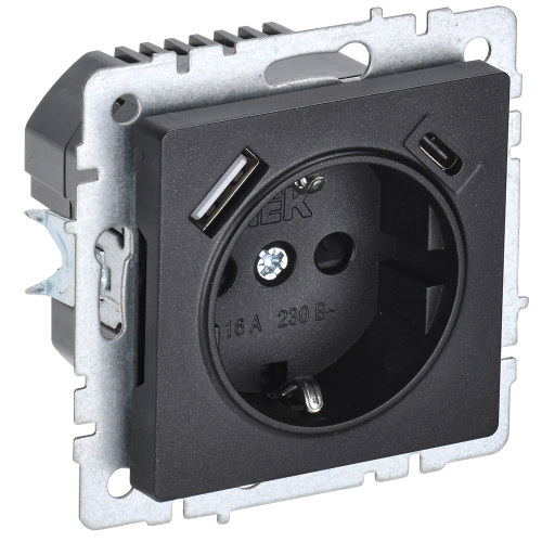 BRITE Розетка 1-местная с заземлением с защитными шторками 16А с USB A+C 18Вт РЮш11-1-БрЧ черный IEK
