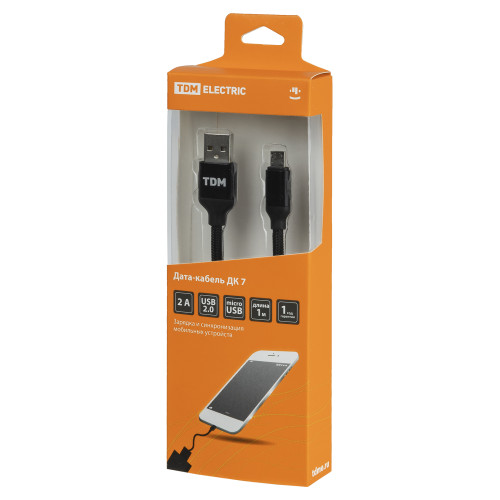 Дата-кабель, ДК 7, USB - micro USB, 1 м, тканевая оплетка, черный, TDM Дата-кабель, ДК 7, USB - micro USB, 1 м, тканевая оплетка, черный, TDM