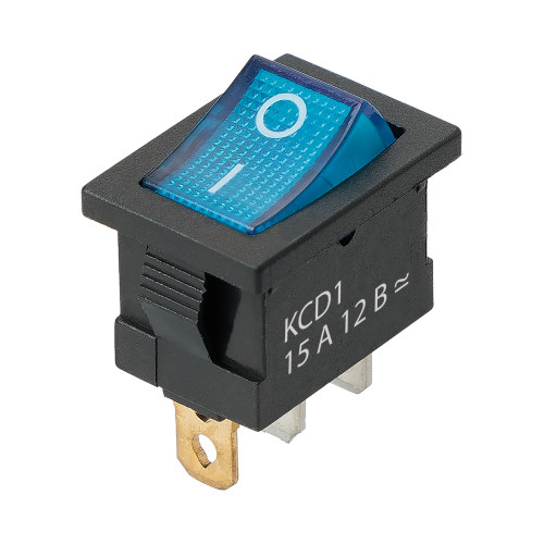 Выключатель клавишный KCD1-101N 12В AC/DC, 1P, 15А, (3с), ON-OFF, черный корпус, синяя клавиша с LED подсветкой, Mini TDM