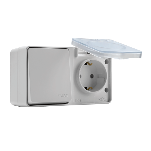 ATLASDESIGN PROFI IP54 О/У БЛОК: РОЗЕТКА с заземл. со шт., 16А, ВЫКЛЮЧАТЕЛЬ 1-клав., 10АХ, БЕЛЫЙ