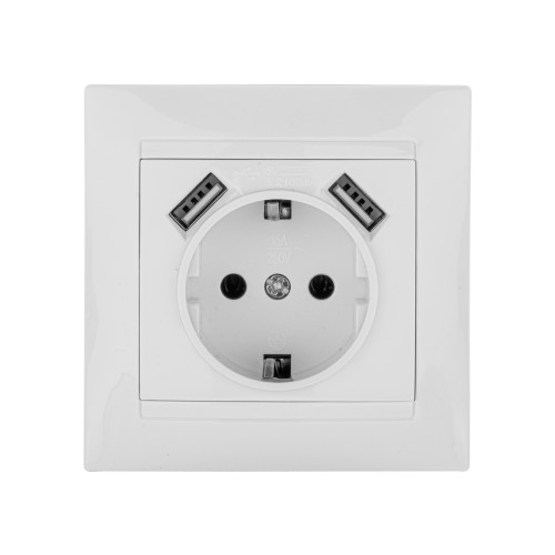 Розетка 2П+З 16А 250В + 2 USB порта 2,1А 5В белая Розетка 2П+З 16А 250В + 2 USB порта 2,1А 5В белая